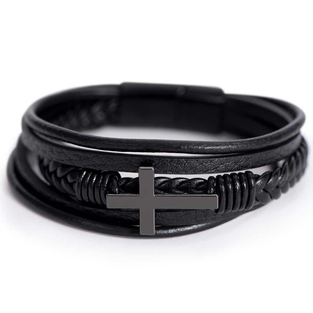 Cross & Leather Bracelet with Rooted in Christ Message