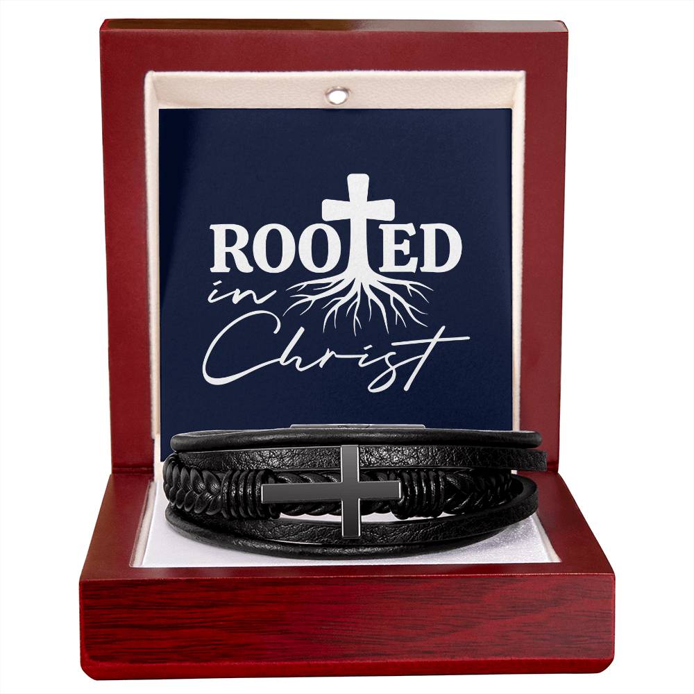 Cross & Leather Bracelet with Rooted in Christ Message