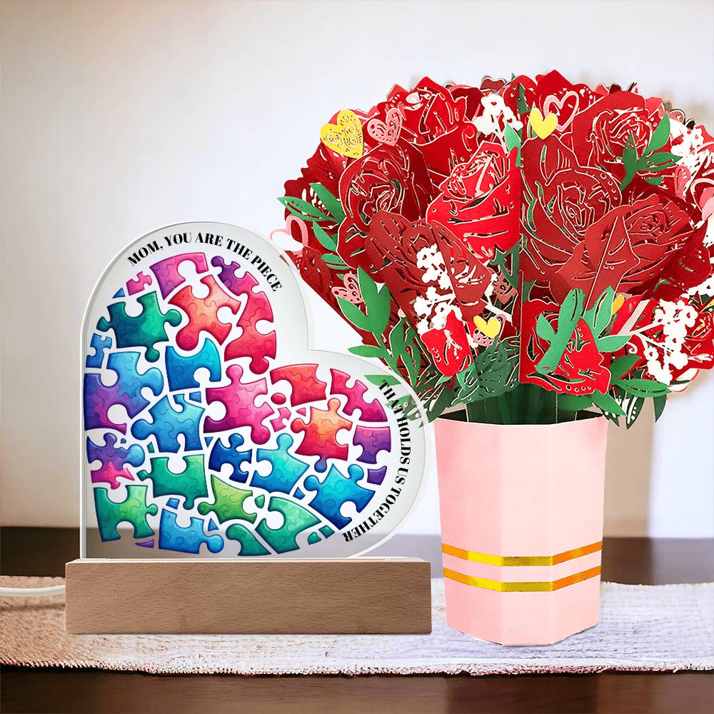 A Gift Set Message to Mom Acrylic Heart Plaque with Faux Flower Bouquet