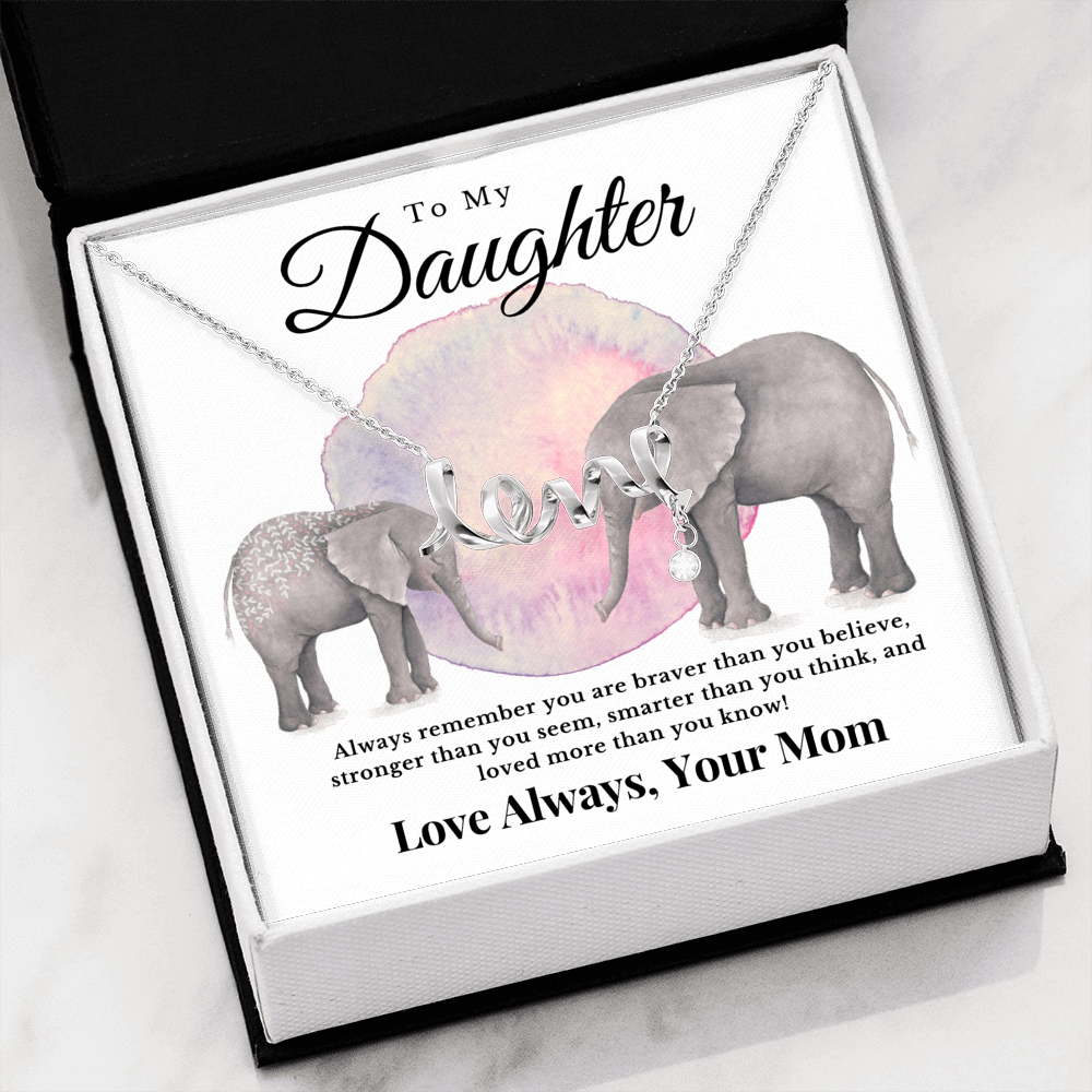 Love Pendant with Cursive 3D Love Lettering Font, Gift for Daughter from Mom, Elephant Mom & Cub