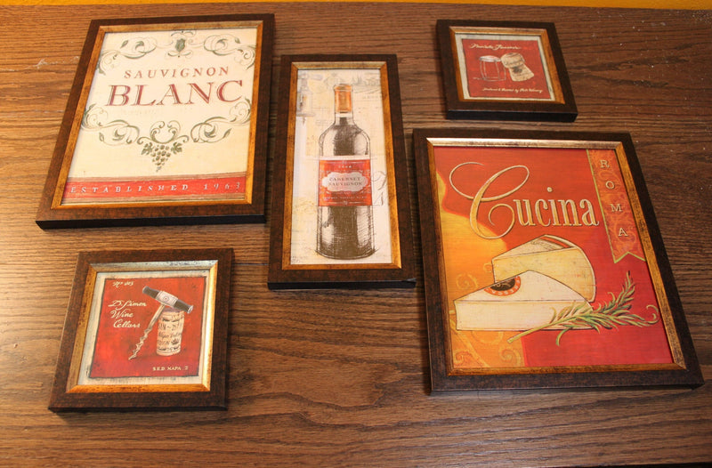 Wine and Cheese Framed Artwork Five-Piece Set, Restaurant Decor, Wine Gift Women, Wine Lover Gift, Wine Lover Office, Lounge Decor