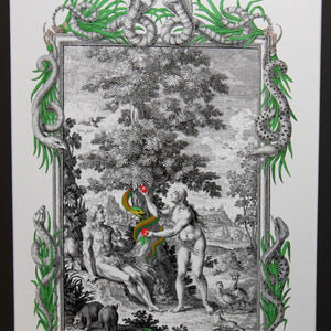 Adam and Eve, Serpens Seductor, Bible Illustrations, Frame Size 18x24 Matted to 13x19 Artwork, Devotional Decor, illuminated Manuscript, Esoteric Art, Rosicrucian, Sacred Geometry Art